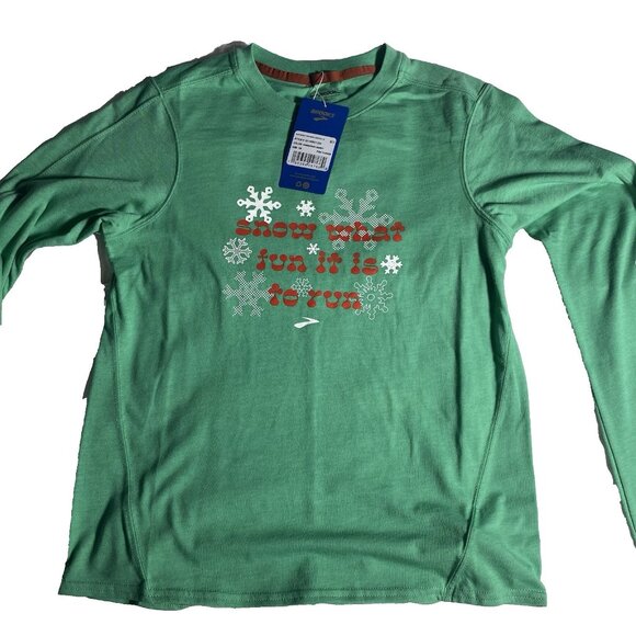 Brooks XS Green Run Merry Distance Graphic Long Sleeve Tshirt Ugly Sweater - Picture 10 of 10